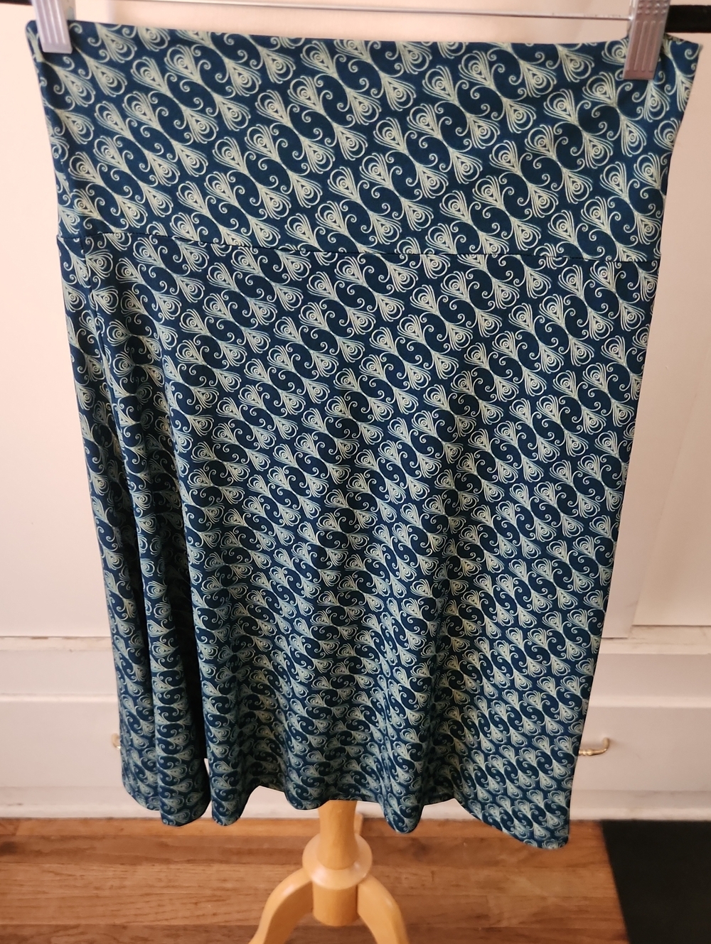 LuLaRoe Teal and Light Blue Printed Midi Skirt